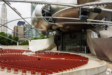 Jay Pritzker Pavilion Gran Park Symphony Orchestra and Chorus rehearsing behind closed stage