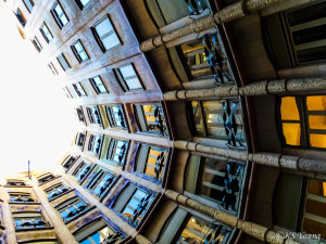 Looking up through the courtyard